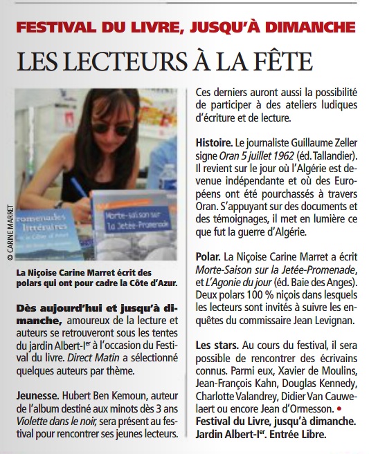 Carine Marret écrivain roman policier polar Nice Commissaire Levigan Direct Matin